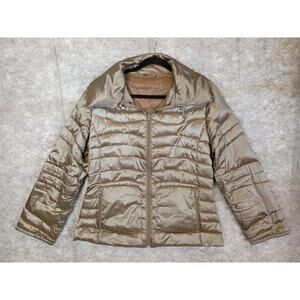 Bernardo Womens XL Gold Bronze Full Zip Hooded Puffer Jacket Goose Down Cozy